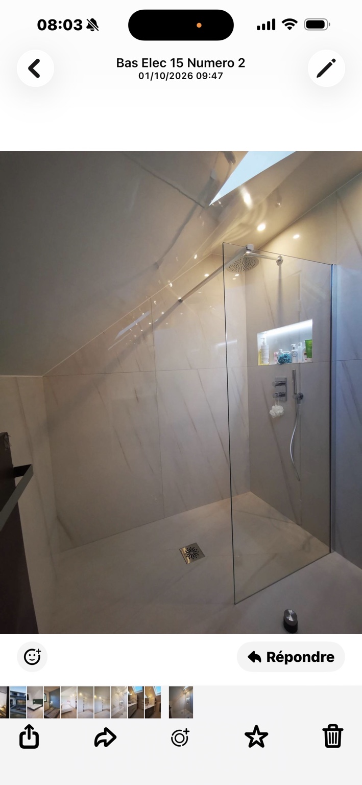 Douche vitrée et revêtement mural effet marbre